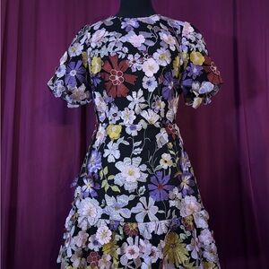 Milly Black Midi Dress with Multicolor 3D Floral Embroidery